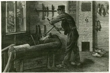 Der Saboteur von Terneuzen, vergrößert und gräbt das Holz mit Hilfe von Kramms. Gravur von X. Mellery, nach der Natur, zur Illustration der Geschichte „Belgien“, 1888, von Camille Lemonnier (1844-1913), Kunstkritiker und Schriftsteller.