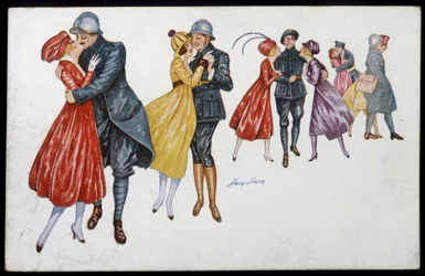 Militärs und ihre Verlobten, Marainnes oder Freunde - Illustration von Xavier Sager (1870-1930) Postkarte, ca. 1915