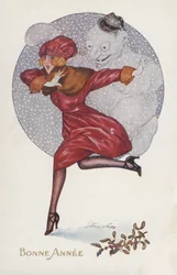 Neujahrskarte mit einem Mädchen und einem Schneemann