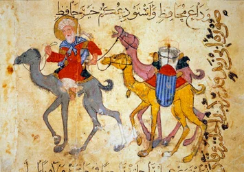 Kamelkarawane in der Wüste (Karawane) Miniatur aus dem „Maqamat“ (Seancen) von Abu Mohammed al-Kasim ibn Ali Hariri (oder Al-Hariri oder Al Hariri) (1054-1122) illuminiert von Yahya Mahmud al-Wasiti (al Wasiti) im Jahr 1237, Paris, B.N.