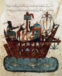 Ms. Ar. 5847, fol. 119v, Abu Zayd und Al-Harith segeln von Basra nach Oman, Miniatur aus den Maqamat des al-Hariri („Die Versammlungen“), um 1240
