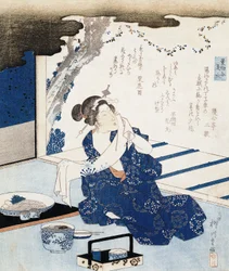Kurtisane im Yukata (blau-weißes Baumwoll-Kimono), Wandpaneel mit Gedicht dekoriert