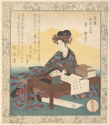 An einem Tisch sitzende chinesische Dame, die eine Ode verfasst