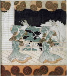 Tänzer in traditioneller Tracht auf einer Bühne Japanischer Druck „Surimono“ von Yashima Gakutei (1786-1868) 1822 Private Sammlung