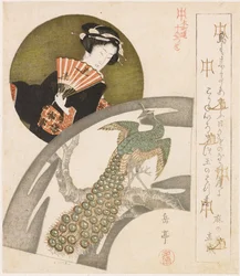 Geisha und Pfau auf einer Pflaumenblüte. Eine Serie von zehn Drucken für die Honchôren (Serientitel)