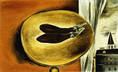 Stillleben mit Aubergine und Stadtansicht