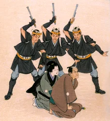 Traditionelles japanisches Theater: drei bewaffnete Männer bedrohen einen männlichen und einen weiblichen Charakter