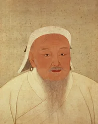 Porträt von Dschingis Khan (ca. 1162-1227), mongolischer Khan, Gründer der kaiserlichen Yuan-Dynastie, der China zum Zentrum des großen Mongolischen Reiches (1260-1368) machte