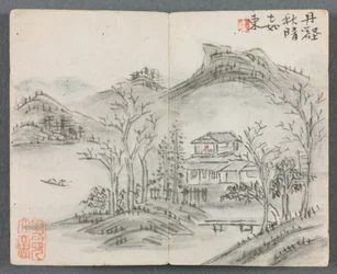 Miniaturalbum mit Figuren und Landschaft Landschaft mit Hügel, Haus, Boot und Brücke, 1822