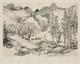 Landschaftsalbum in verschiedenen Stilen: Landschaft mit Künstler auf einer Brücke