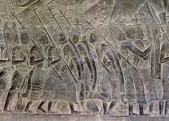 Angkor Wat, Angkor, Kambodscha, frühes 12. Jahrhundert mit späteren Ergänzungen. Dieses Detail der Reliefs in der Galerie zeigt das thailändische Volk als Verbündete der Khmer-Armee