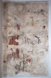 Burgund, Lancharre, Gemeinde Chapaize 71460. In der Kirche Notre Dame, Wandmalerei. Zwei Ritter in Kettenhemd (Fresko)