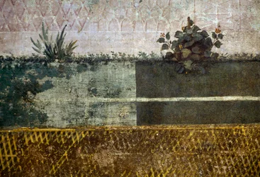 Blumenvase, Detail aus einem Fresko, das einen Garten mit Obstbäumen und Vögeln darstellt, aus dem Haus der Livia auf dem Palatin, Rom, Italien. Römische Zivilisation