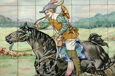 Innenansicht, Fliesenpanel, Maler Furcy Ernest Tondeur, Ausführung Boch Frères La Louvière, zweites Panel zeigt Jagdszene mit galoppierendem Reiter mit Jagdhorn