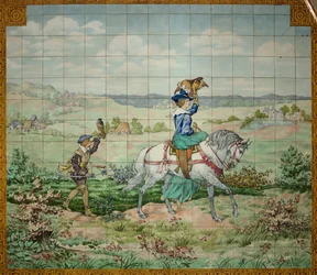 Innenansicht, Fliesenpaneel, Maler Furcy Ernest Tondeur, ausgeführt von Boch Frères La Louvière, zweites Paneel, Jagdszene mit einem Adligen und einer Adligen mit Falken