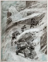 Italienische Touristen im Sturm in den italienischen Alpen, 1925 (Illustration)