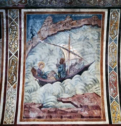 Jesus beruhigt den Sturm, Fresko im Gewölbe der Kirche des Thari-Klosters, Insel Rhodos, Griechenland