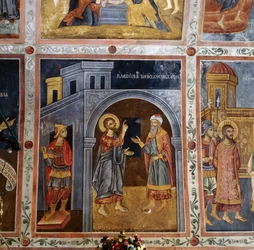 Jesus spricht zu Pontius Pilatus, freskierte Gewölbe mit Szenen aus dem Leben Jesu, Mikro Sotiris Kloster, Insel Symi, Griechenland