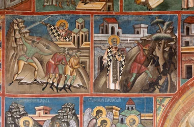 Kloster Voronet. Die Kirche. Außenansicht. Wandmalereien. Südseite, linker Teil.