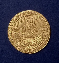 Noble von Edward III (1312-77) Vorderseite zeigt den König auf einem Schiff, Calais-Münze, eingeführt 1344
