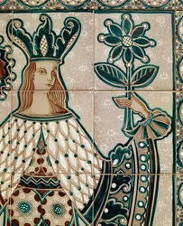 Maiolica-Panel mit allegorischer Szene, Santo Stefano di Camastra, Sizilien, Italien (Detail)