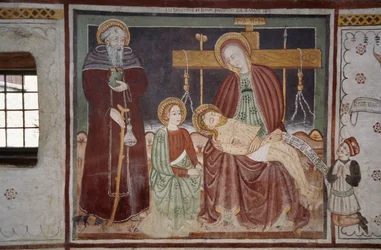 Pieta mit St. Bernhard und Klient, Fresko (15. Jahrhundert), Wildmannshaus, Sacco, Cosio Valtellina, Lombardei