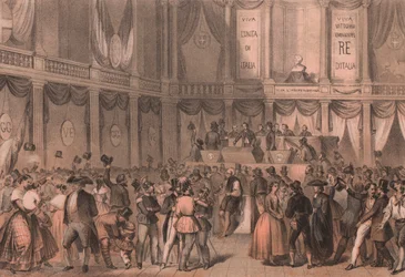 Plebiszit zur Annexion an Italien, Saal der Universität von Neapel, Kampanien, italienisches Risorgimento, Lithographie von Carlo Perrin nach einer Zeichnung von Carlo Bossoli (1815-1884), 22x15 cm