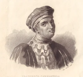 Porträt des italienischen Militärführers Francesco da Bussone, auch bekannt als Carmagnola (1380-1432), Kupferstich von E. Silvestri nach einem Gemälde