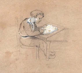 Schuljunge bei der Arbeit an seinem Schreibtisch (Illustration)