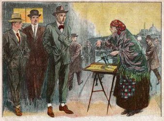 Frau, die mithilfe von Vögeln Wahrsagerei praktiziert. 1926 (Illustration)