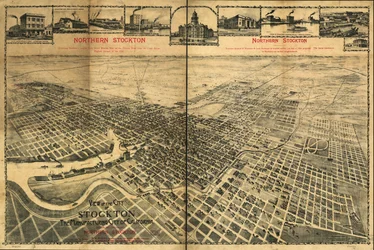Ansicht der Stadt Stockton, der Industriestadt Kaliforniens, die den Standort von Nord-Stockton zeigt