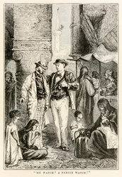 Meine Uhr? Eine Familienuhr!, aus In 80 Tagen um die Welt von Jules Verne, graviert von Louis Dumont, 1873