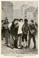 Leser aller Klassen verschlangen die Nachrichten über Phileas Fogg, aus In 80 Tagen um die Welt von Jules Verne, graviert von Louis Dumont, 1873