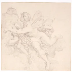 Zwei Figuren in den Wolken, eine davon möglicherweise eine Allegorie des Windes