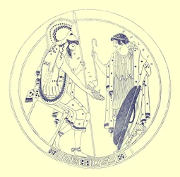Ein sitzender Krieger hält seinen Weinkelch, Illustration aus Griechische Vasenmalereien von J. E. Harrison und D. S. MacColl, veröffentlicht 1894