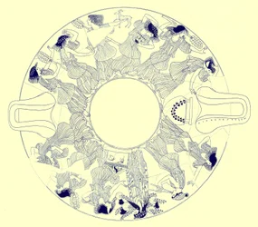 Tanz der Mänaden zu Dionysos, Illustration aus Griechische Vasenmalereien von J. E. Harrison und D. S. MacColl, veröffentlicht 1894