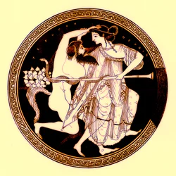 Satyr und Mänade, Illustration aus Griechische Vasenmalereien von J. E. Harrison und D. S. MacColl, veröffentlicht 1894