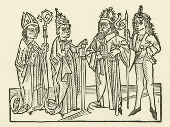 Der Heilige Römische Kaiser und der Papst, begleitet von einem Ritter und einem Bischof, die Schwerter halten, symbolisieren die richterliche Macht in ihren Ländern