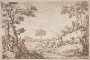 Eine pastorale Reise mit einem Jungen, der an einem Baum Flöte spielt