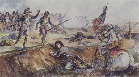 Napoleon wird in der Schlacht von Arcole, Italien, 1796 von seinem Pferd geworfen