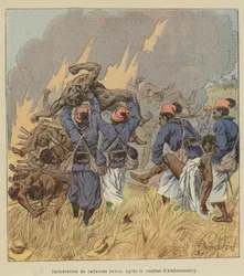 Verbrennung von Hova-Leichen nach dem Kampf von Ambolomonty