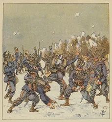 Die Soldaten beider Armeen kämpfen am Morgen des 11. Januar mit Schneebällen