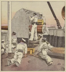 Japanische Matrosen beschießen die chinesische Flotte am Yalou
