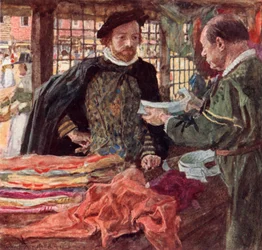 Shakespeare bei einem Tuchhändler, um sich einen der neuen fallenden Kragen zu kaufen, die die Halskrausen ersetzen