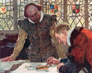 Shakespeare am Heralds College auf dem Pauls Wharf Hill, um das Wappen seines Vaters zu besprechen