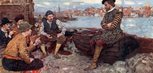 Shakespeare spricht mit einigen von Raleighs Männern, die von der spanischen Hauptinsel zurückgekehrt sind
