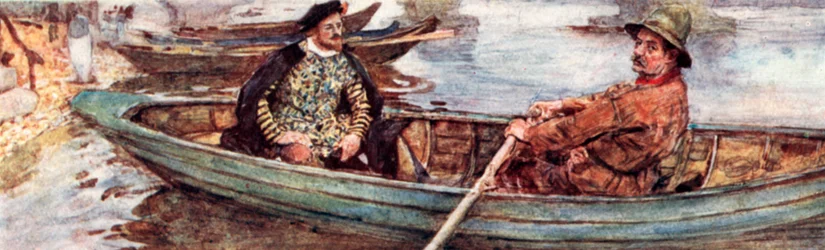 Shakespeare mit einem Wasserträger, der die Themse hinuntergerudert wird, London