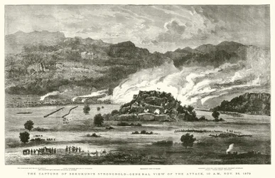 Die Eroberung der Festung von Sekukuni, Gesamtansicht des Angriffs, 10 Uhr morgens, 28. November 1879