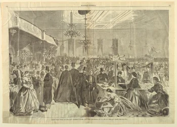 Großer Jahrmarkt in den City Assembly Rooms, New York, Dezember 1861, zugunsten der Stadtarmen, aus Harper