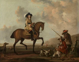 Ein Herr zu Pferd mit zwei Wildhütern und Hunden